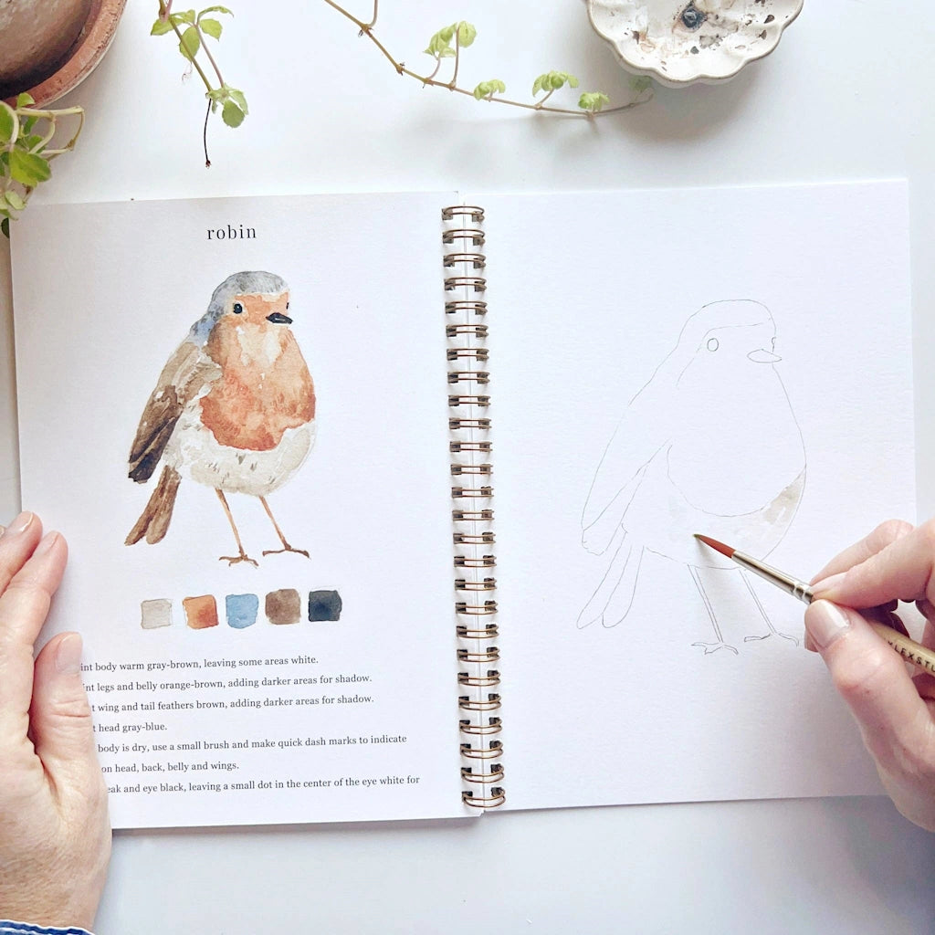  The Birds Watercolor Workbook includes 12 bird illustrations with an example of the finished painting, step-by-step instructions, and a lightly illustrated sketch for you to paint. Available from Seattle florist and gift basket company, Campanula Design Studio in the Magnolia neighborhood.