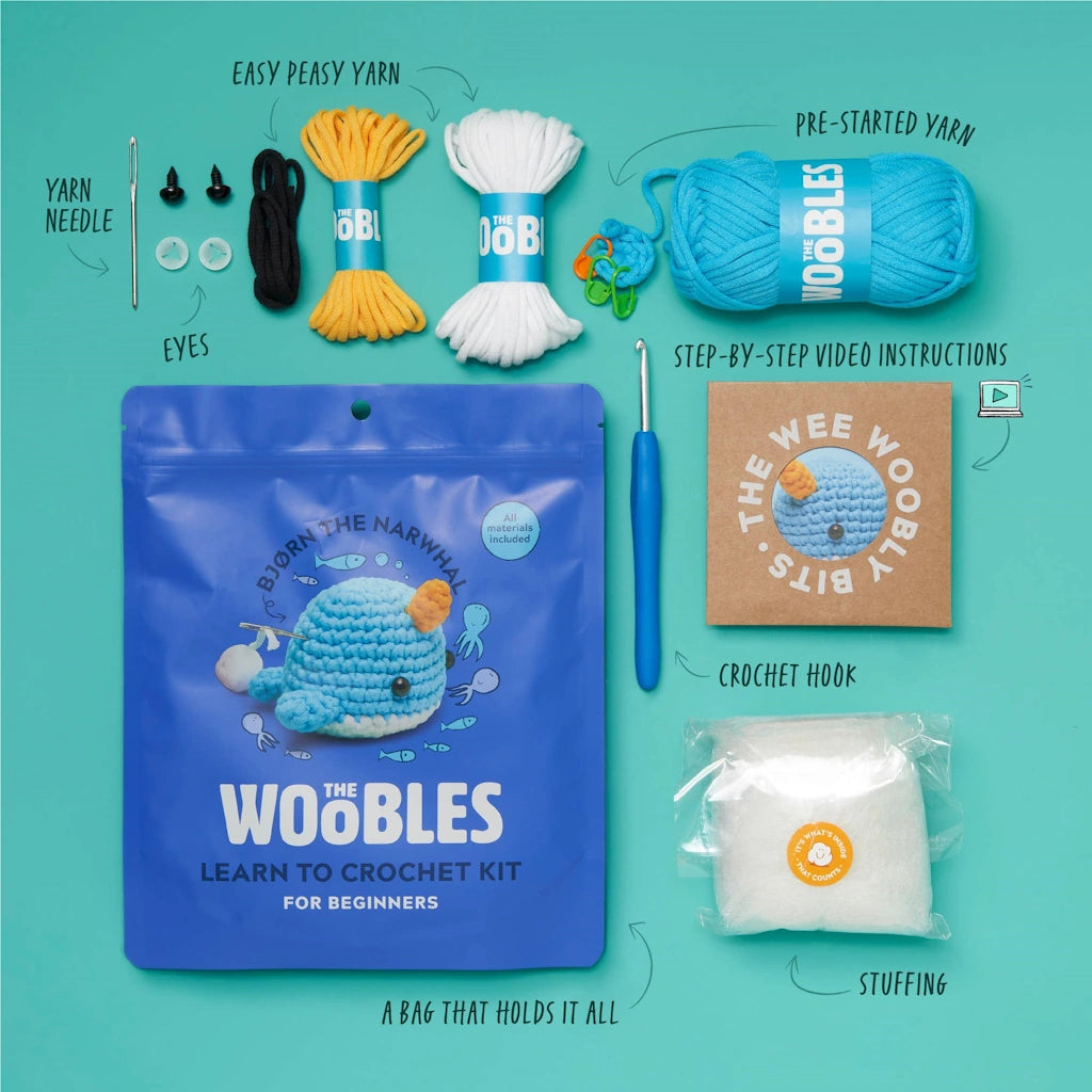 ntroducing Bjorn the Narwhal!

The Woobles Narwhal Crochet Kit is perfect for beginners!

The kit includes all the materials you need, plus step-by-step video tutorials that expertly guide you through each stitch and technique necessary to create your very own creature. 