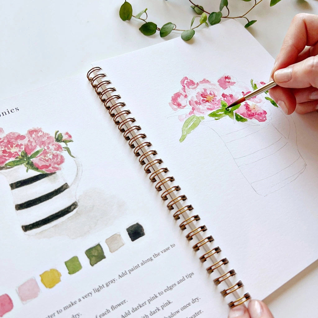 The Bouquets Watercolor Workbook includes 12 floral bouquet illustrations with an example of the finished painting, step-by-step instructions. Available from Campanula Design Studio in Seattle.