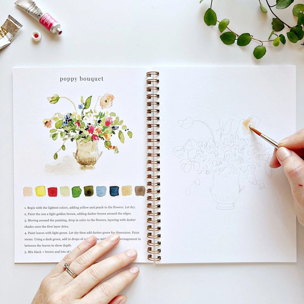 The Bouquets Watercolor Workbook includes 12 floral bouquet illustrations with an example of the finished painting, step-by-step instructions. Available from Campanula Design Studio in Seattle.