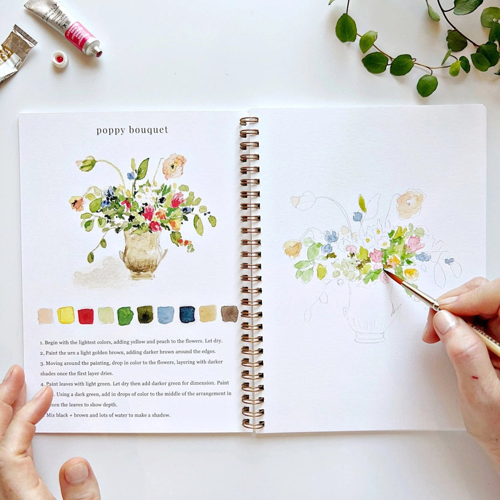 The Bouquets Watercolor Workbook includes 12 floral bouquet illustrations with an example of the finished painting, step-by-step instructions. Available from Campanula Design Studio in Seattle.