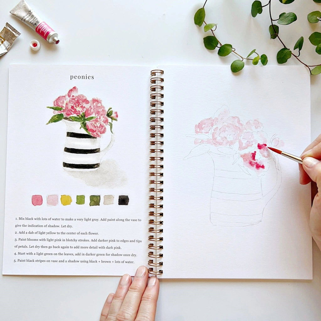 The Bouquets Watercolor Workbook includes 12 floral bouquet illustrations with an example of the finished painting, step-by-step instructions. Available from Campanula Design Studio in Seattle.