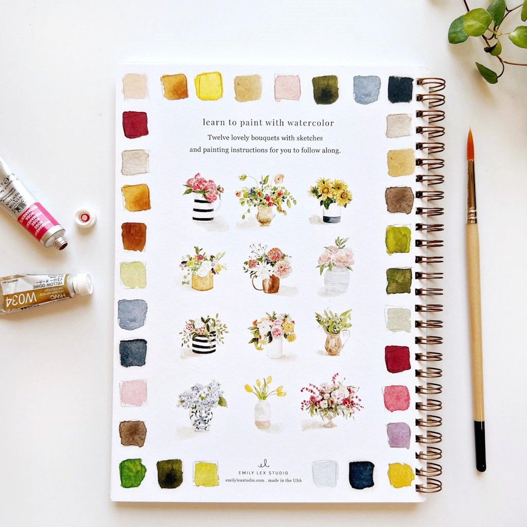 The Bouquets Watercolor Workbook includes 12 floral bouquet illustrations with an example of the finished painting, step-by-step instructions. Available from Campanula Design Studio in Seattle.