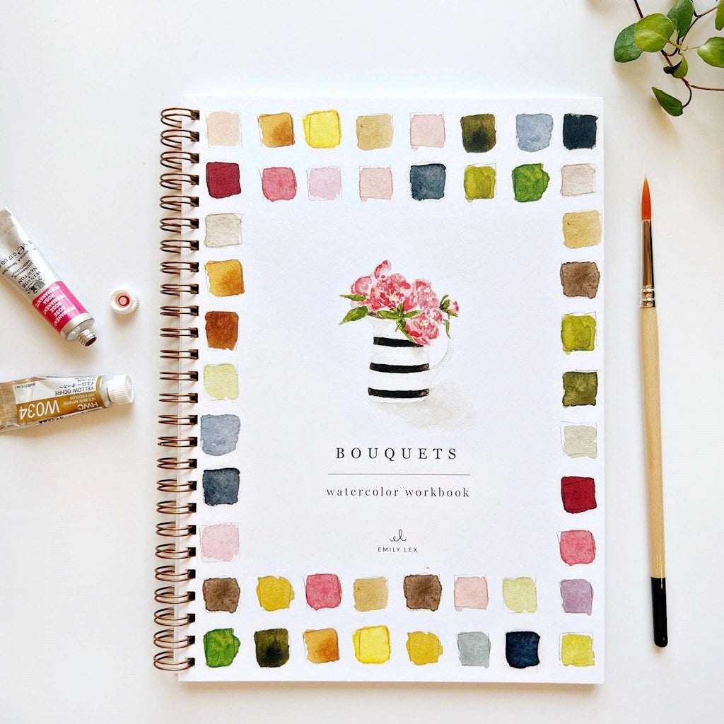 The Bouquets Watercolor Workbook includes 12 floral bouquet illustrations with an example of the finished painting, step-by-step instructions. Available from Campanula Design Studio in Seattle.