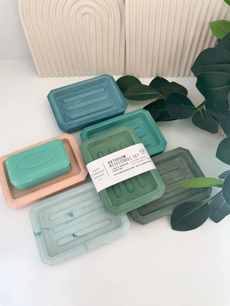 Cement Stone soap dish available from Campanula Design Studio in Seattle. Available in Teal Blue or Sage Green.