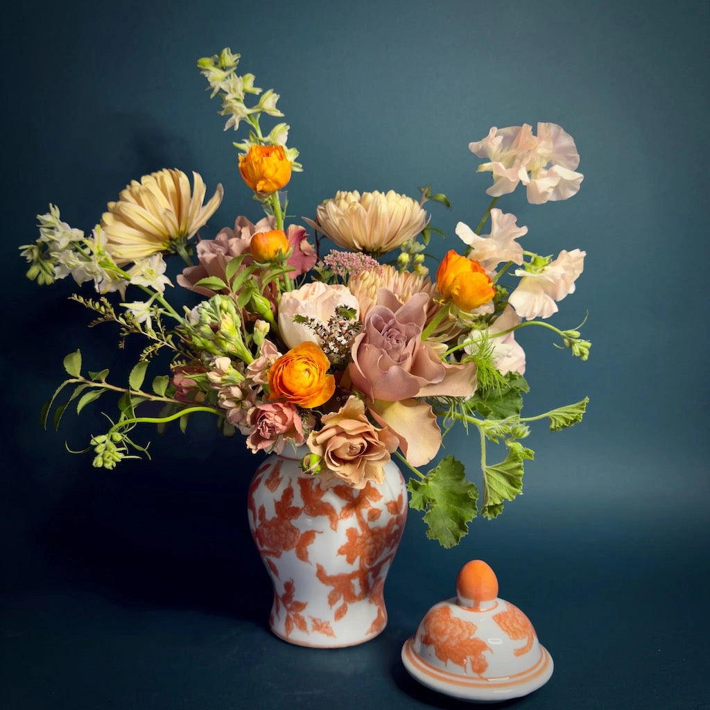 From Campanula Design in Seattle: "Chinoiserie" - A Custom Floral Design in an Orange & White Ginger Jar.