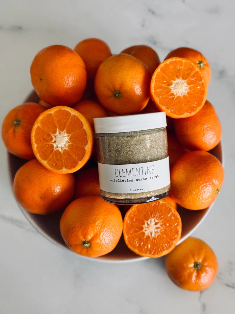 Clementine exfoliating sugar scrub to rejuvenate dry skin - available from Campanula Design Studio of Seattle, Washington.