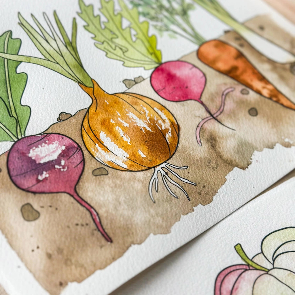 For your gardening painting crafty friend, this watercolor garden veggies kit is available at Campanula Design Studio in Seattle.