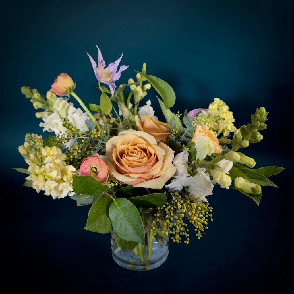 From Campanula Design Studio: "Conversation Hearts" - Simple and sweet, this darling design of pale blooms combined in a clear glass vase is the perfect Valentine's Day bouquet of flowers