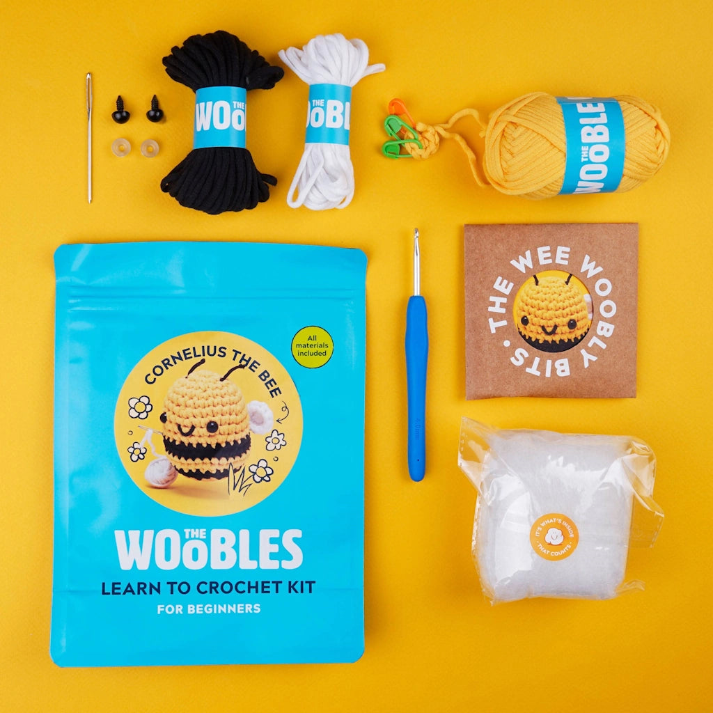 Introducing Cornelius the Bee!

The Woobles Bee Crochet Kit is perfect for beginners!

The kit includes all the materials you need, plus step-by-step video tutorials that expertly guide you through each stitch and technique necessary to create your very own creature. 