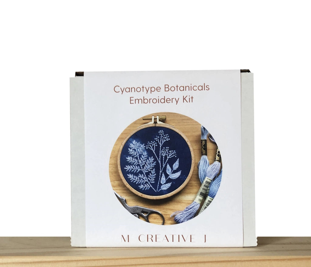 This cyanotype botanical embroidery kit is perfecct for beginners and plant lovers alike. Available from Campanula Design Studio in Seattle.