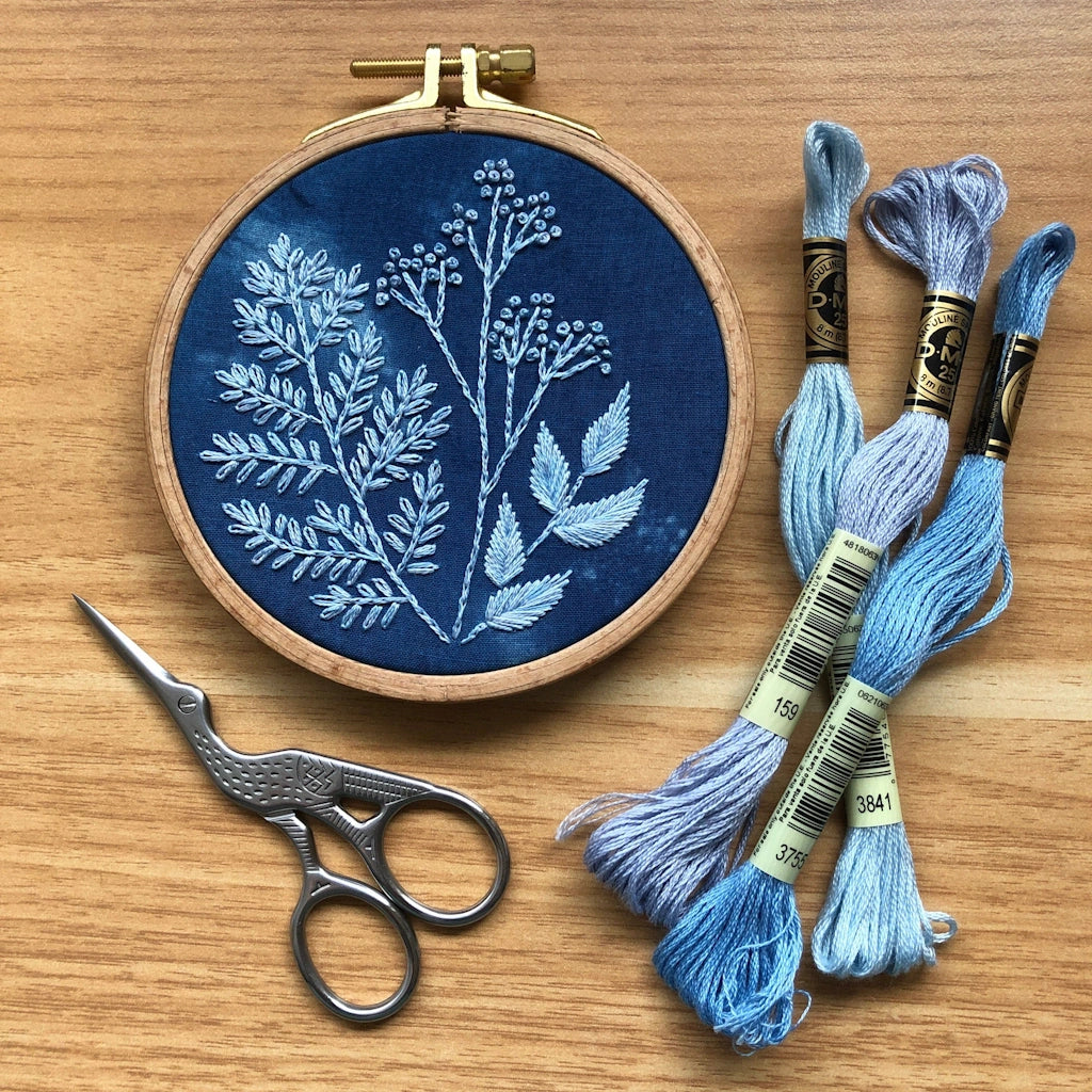 This cyanotype botanical embroidery kit is perfecct for beginners and plant lovers alike. Available from Campanula Design Studio in Seattle.