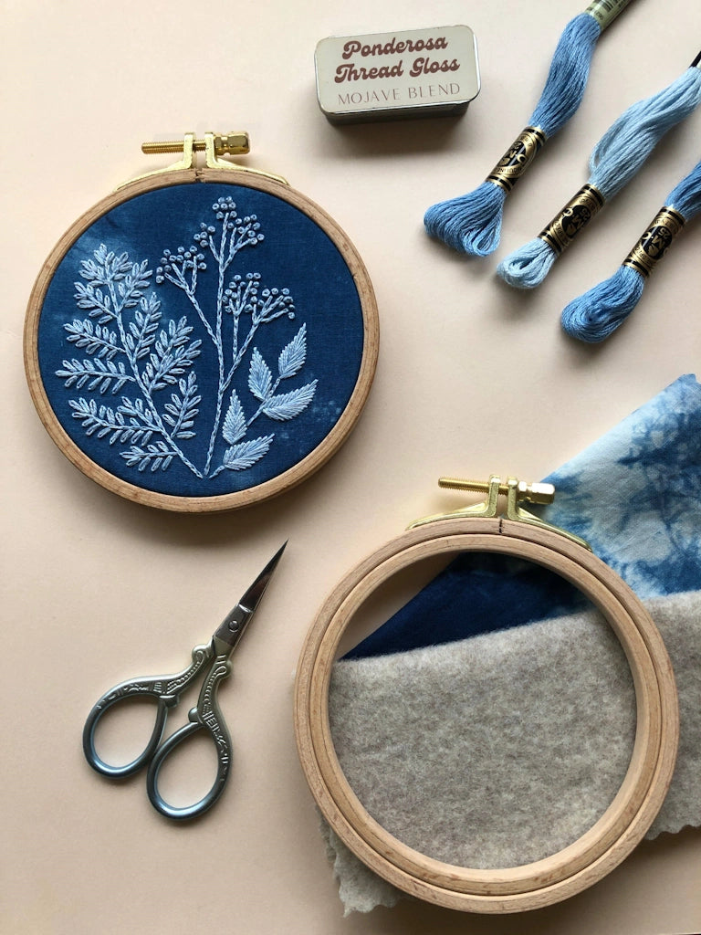 This cyanotype botanical embroidery kit is perfecct for beginners and plant lovers alike. Available from Campanula Design Studio in Seattle.