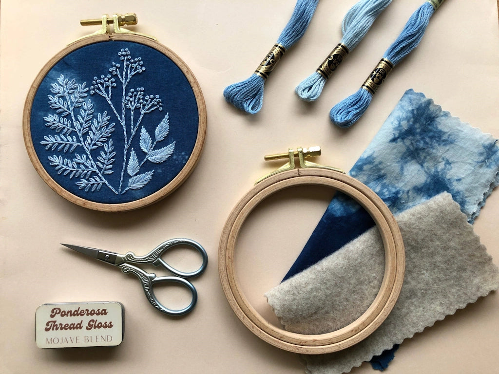 This cyanotype botanical embroidery kit is perfecct for beginners and plant lovers alike. Available from Campanula Design Studio in Seattle.