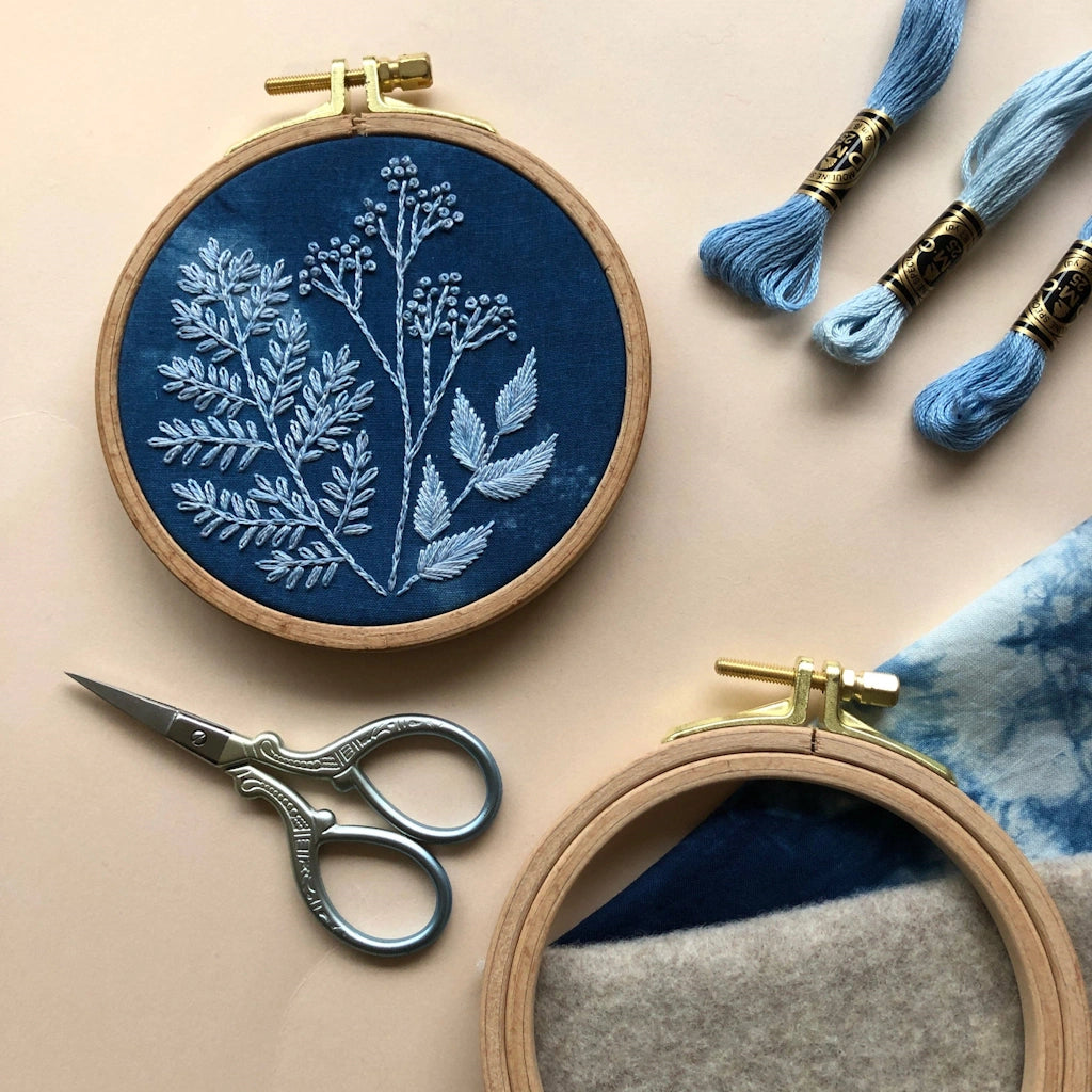 This cyanotype botanical embroidery kit is perfecct for beginners and plant lovers alike. Available from Campanula Design Studio in Seattle.