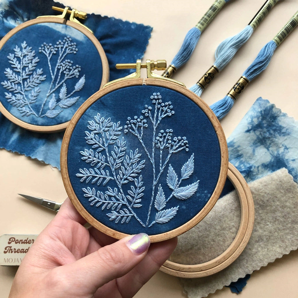 This cyanotype botanical embroidery kit is perfecct for beginners and plant lovers alike. Available from Campanula Design Studio in Seattle.