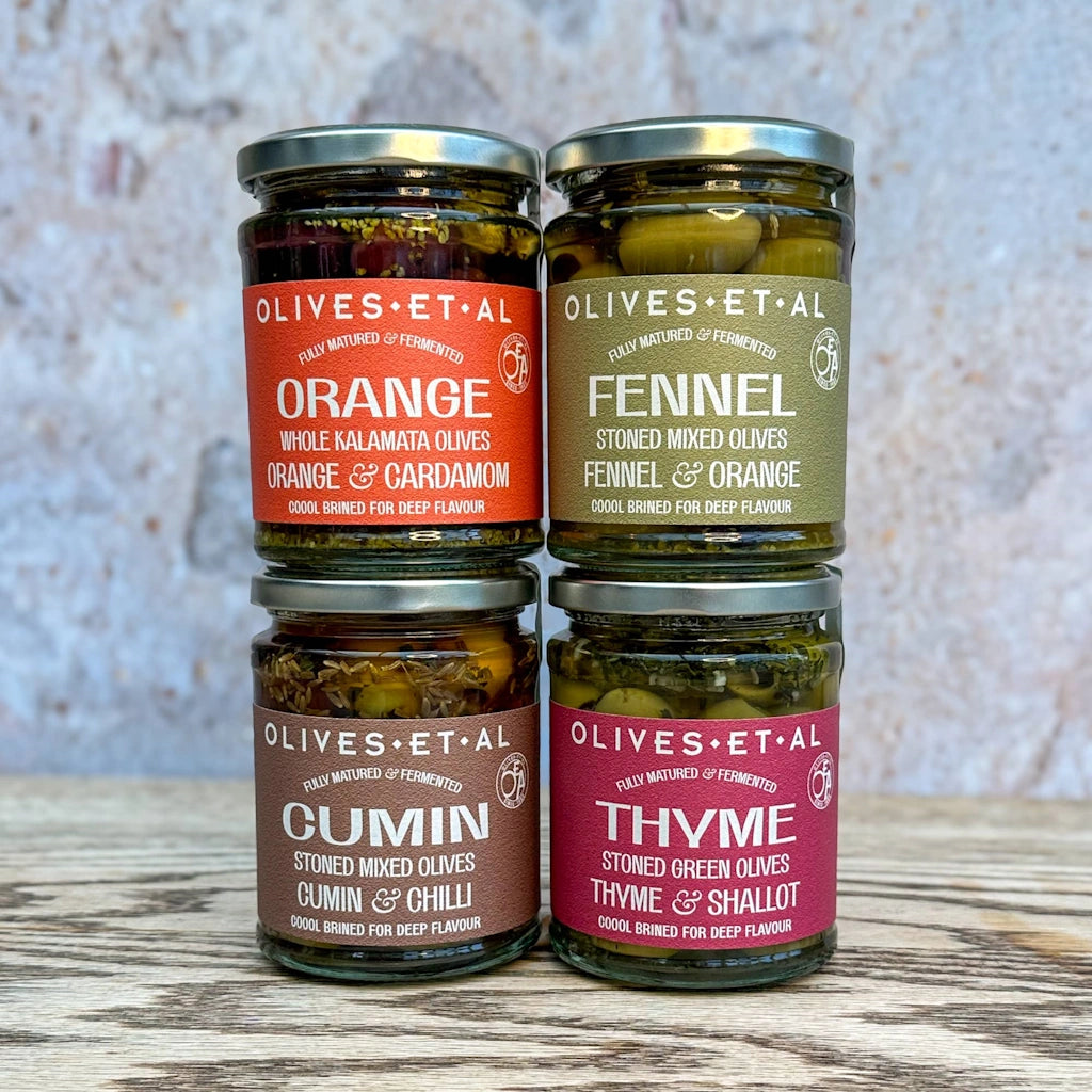 Fennel & Orange Pitted Mixed Olives available from Seattle florist, Campanula Design Studio.