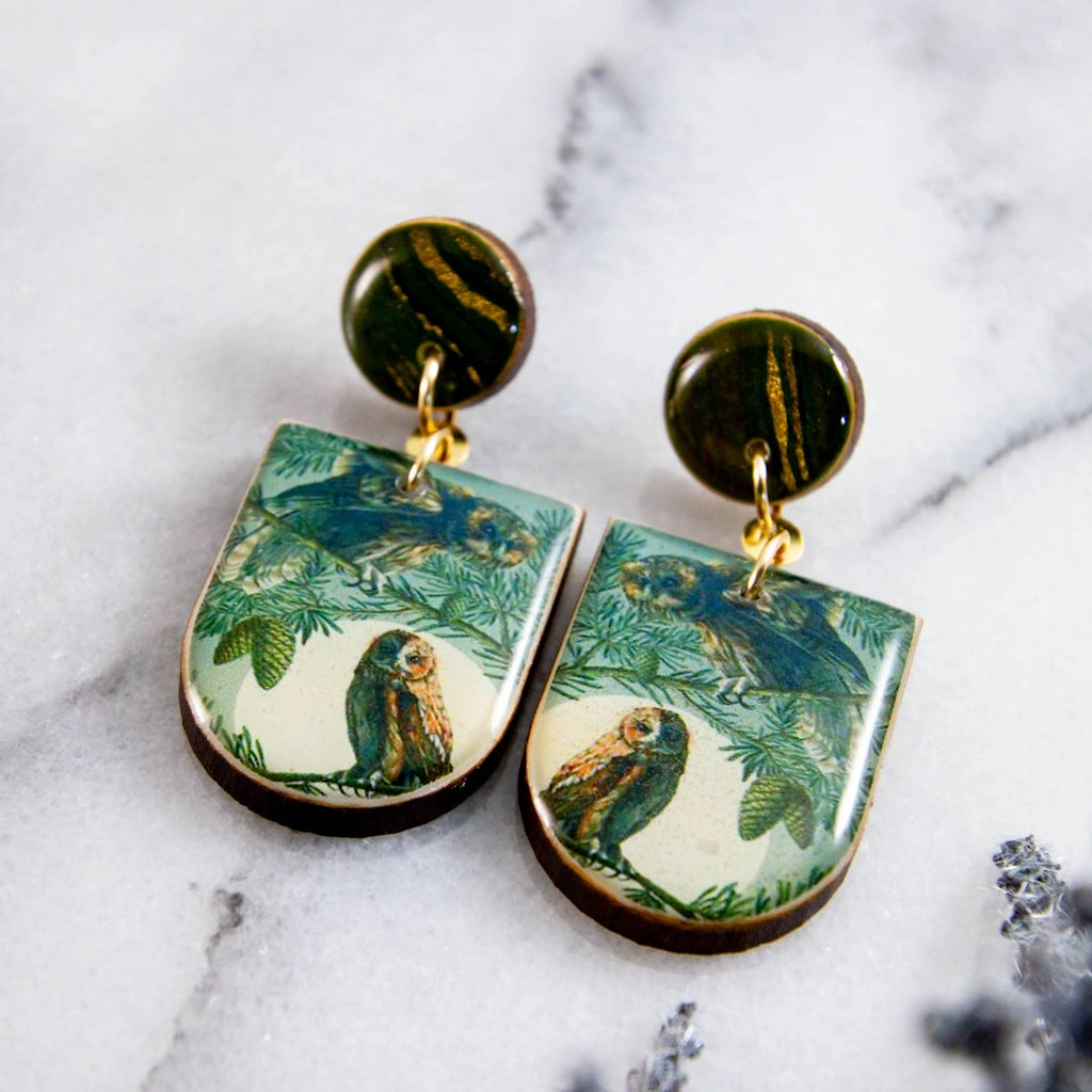 Forest Owls Drop Post Earrings available from Campanula Design Studio, Seattle's premier luxury florist and gift basket store.