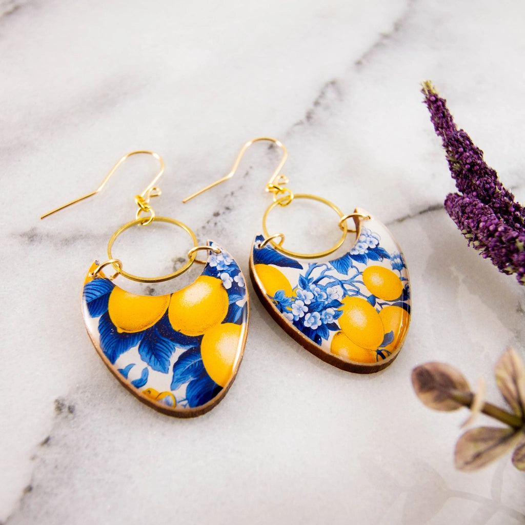 Beautiful French Toile Lemon Earrings available from Campanula Design Studio in Seattle.