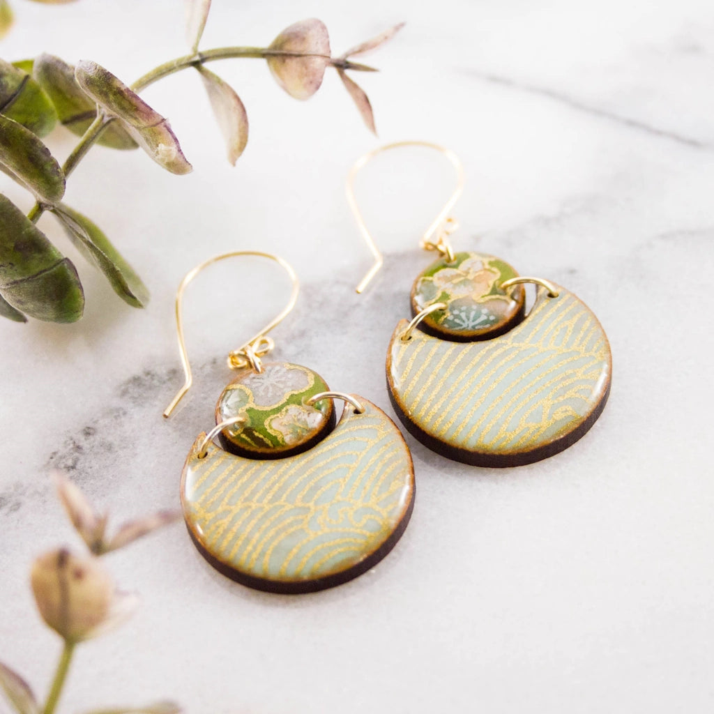 Japanese Double Circle Earrings- Natural Aqua available from Campanula Design Studio Gift Shop in Seattle.