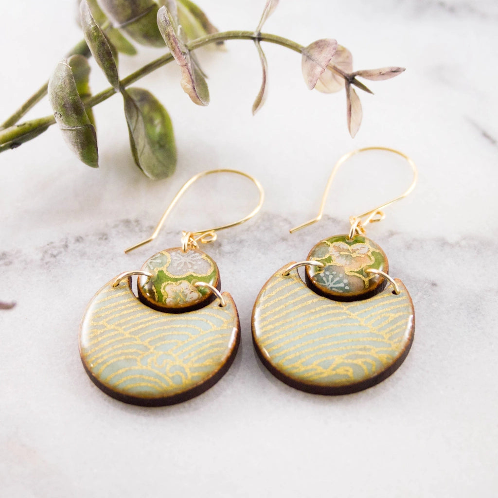 Japanese Double Circle Earrings- Natural Aqua available from Campanula Design Studio Gift Shop in Seattle.