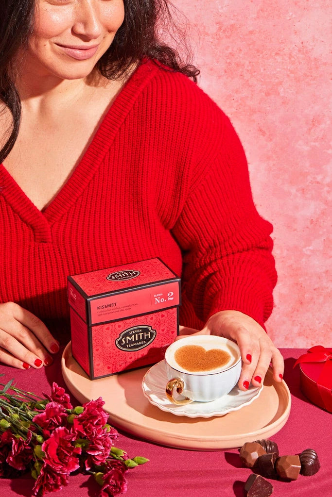 Kissmet by Smith Teamaker is A rich, romantic blend of nicely rounded rooibos, coconut, pink rose petals and soft, silky chai spices. Available from Campanula Design Studio in Seattle.