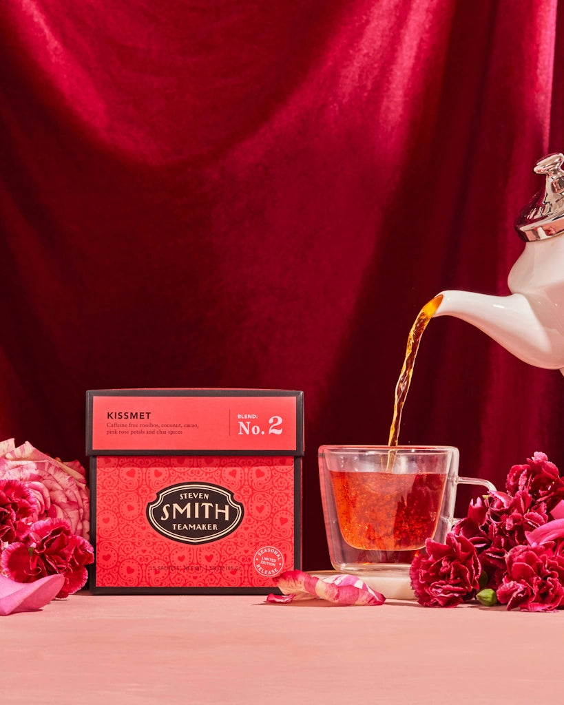 Kissmet by Smith Teamaker is A rich, romantic blend of nicely rounded rooibos, coconut, pink rose petals and soft, silky chai spices. Available from Campanula Design Studio in Seattle.