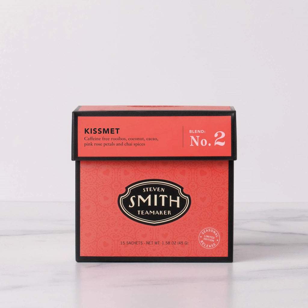 Kissmet by Smith Teamaker is A rich, romantic blend of nicely rounded rooibos, coconut, pink rose petals and soft, silky chai spices. Available from Campanula Design Studio in Seattle.