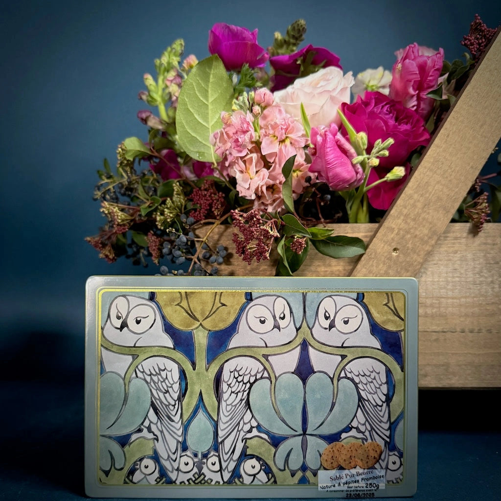 La Sablesienne Raspberry Shortbread Box of Cookies in a beautiful tin decorated with owls.