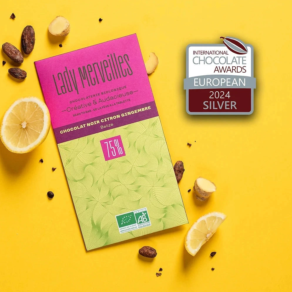 An award winning chocolatier from France, Lady Merveilles brings us this delicious 75% dark chocolate bar with lemon and ginger. European 2024 silver award! 