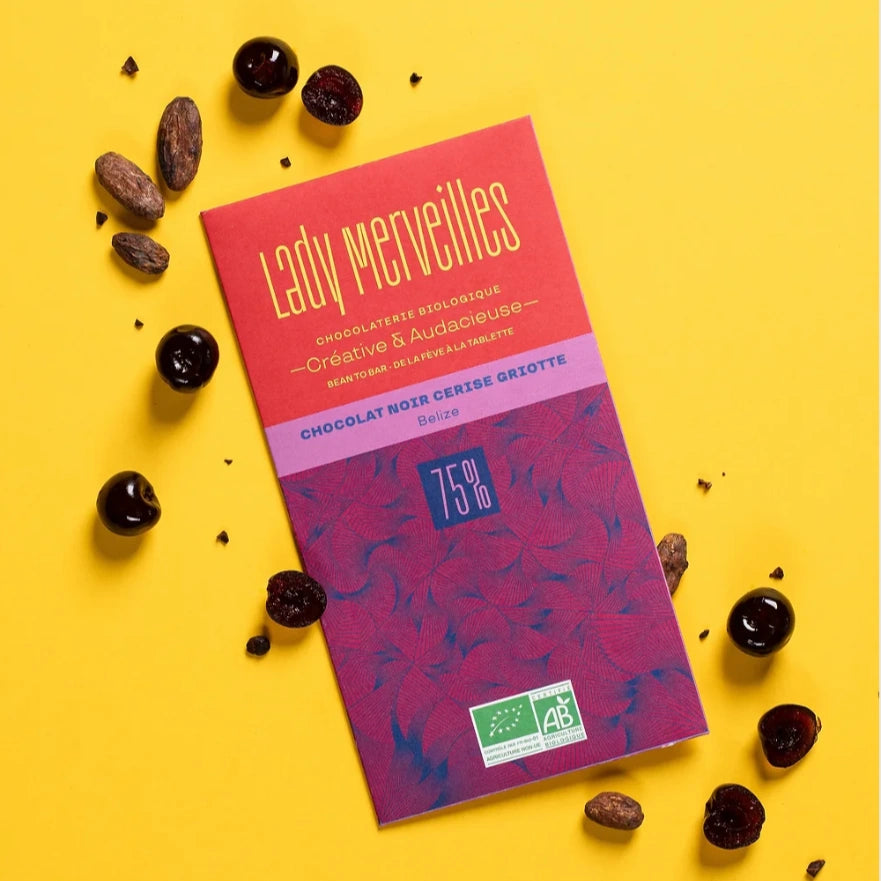 An award winning chocolatier from France, Lady Merveilles brings us this beautiful 75% dark chocolate bar with morello cherry