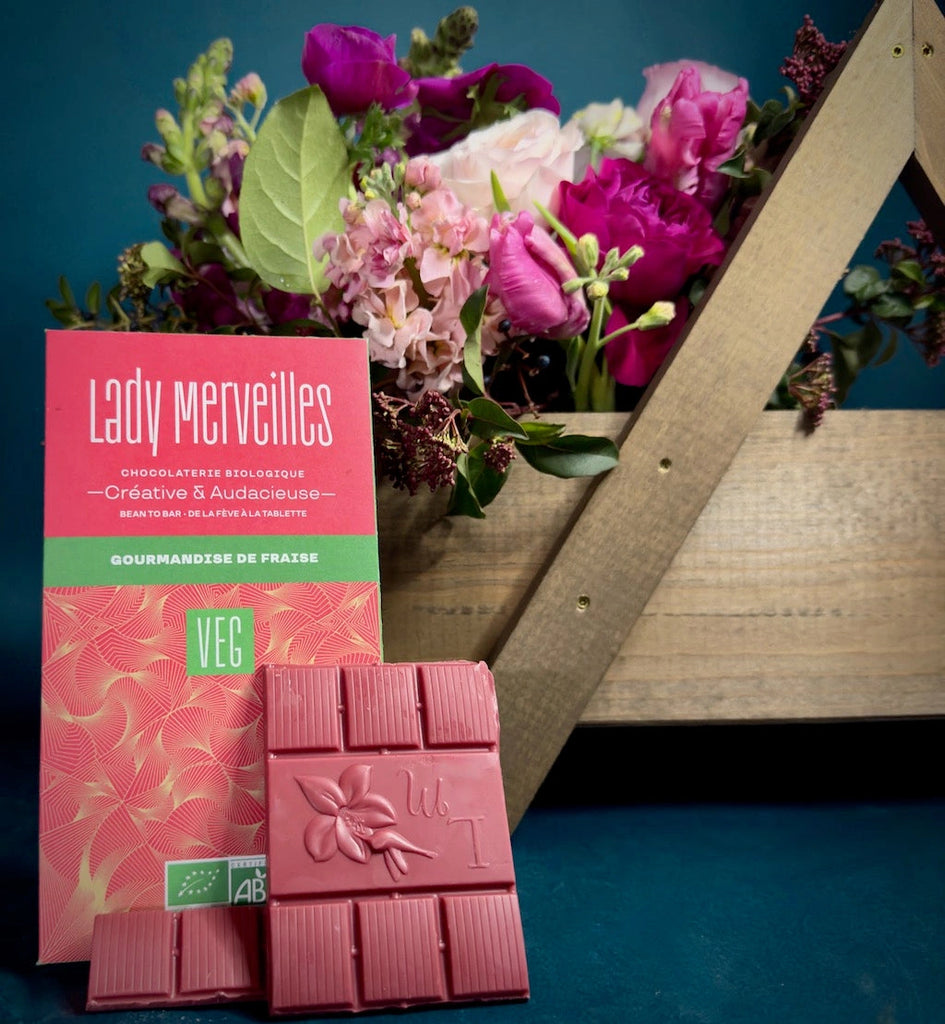 Our "Lady Merveilles Strawberry Delicacy Bar" is bursting with Strawberry flavor and made by a fabulous French chocolatier.