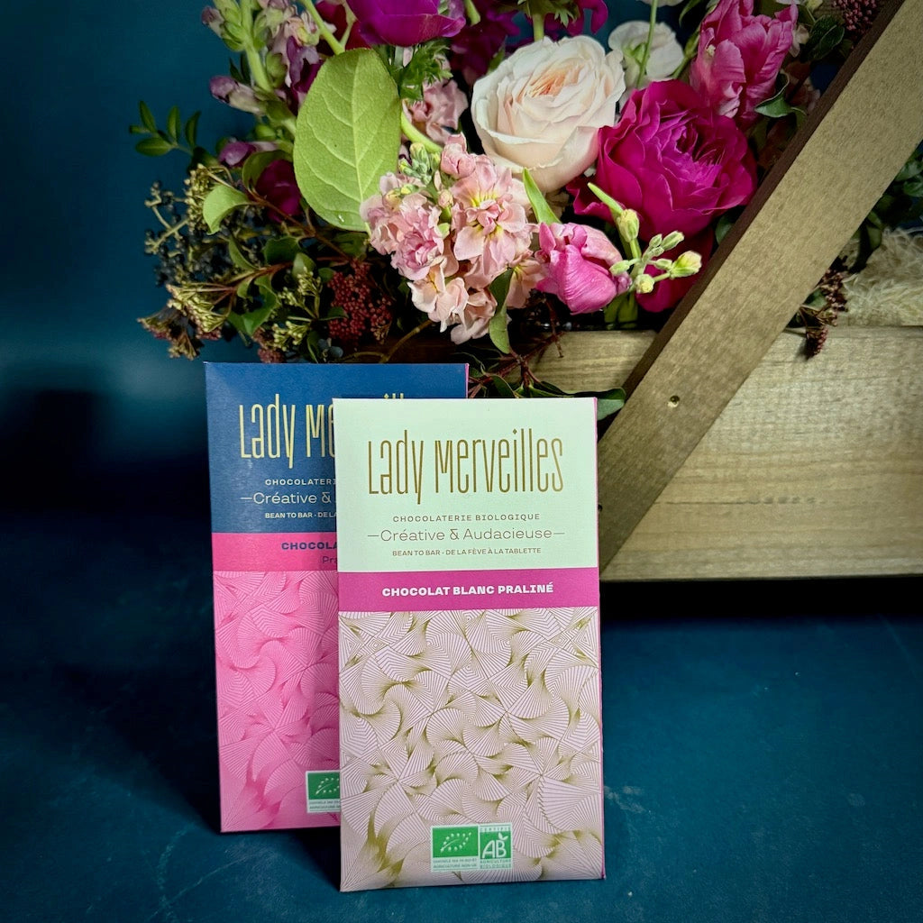 This delicious bar from Lady Merveilles is a delight! Creamy white chocolate and praline.