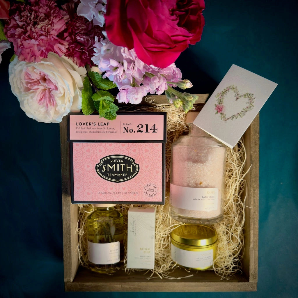 Love Letter Valentine's Day gift box. Send your love this Valentine's Day with one of our custom designed gift boxes. Designed in one of our wooden boxes with a lid, the box will be tied off with ribbon for a beautiful gift presentation. Box includes:

Smith Teamaker 'Lover's Leap' tea
Sealuxe Ritual Rose Bath Salts
Sealuxe Ritual Rose Body Oil
Sealuxe Ritual Rose Soap
Sealuxe Tin Candle