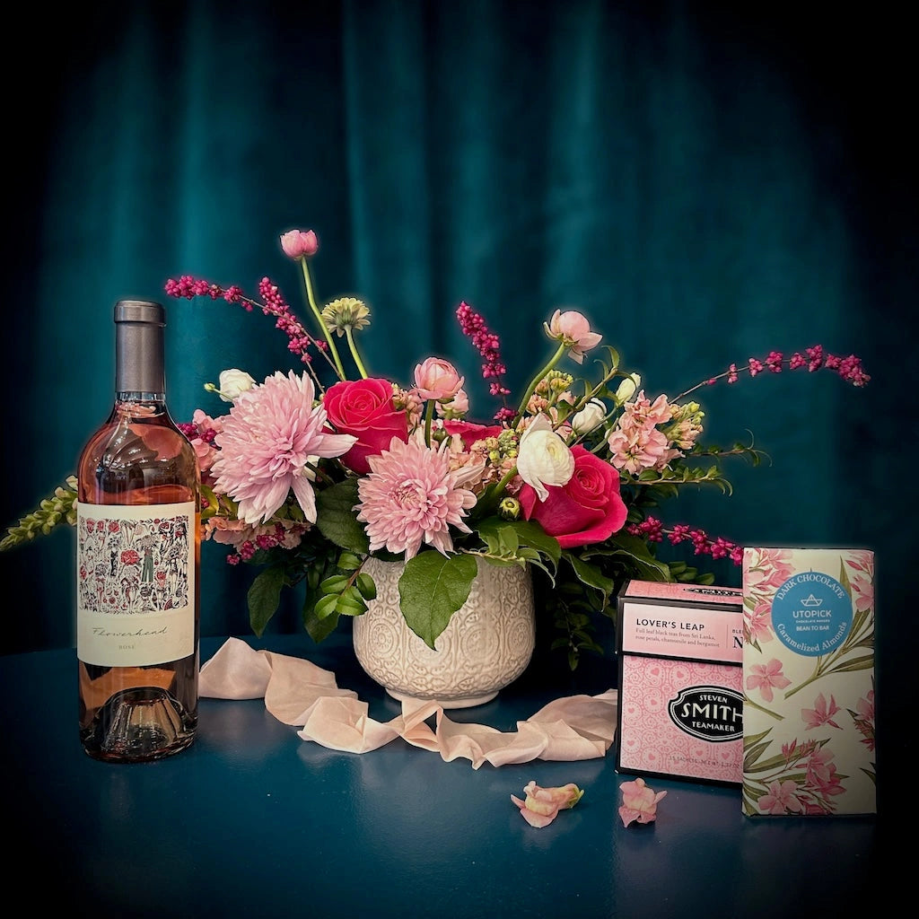 This Valentine's Day, give your special person flowers, wine, tea and chocolate from Campanula Design Studio in Seattle.