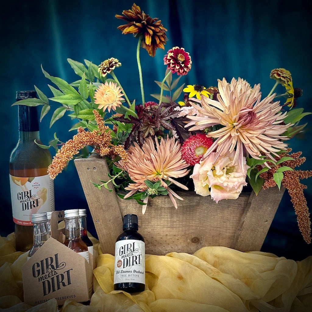 Available from Campanula Design Studio, Mocktail is a seasonally inspired floral designed in our petit panier gift basket is paired with some Girl Meets Dirt products perfect for mixing the perfect mocktail or cocktail if you prefer.