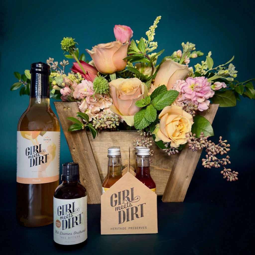 Available from Campanula Design Studio, Mocktail is a seasonally inspired floral designed in our petit panier gift basket is paired with some Girl Meets Dirt products perfect for mixing the perfect mocktail or cocktail if you prefer.