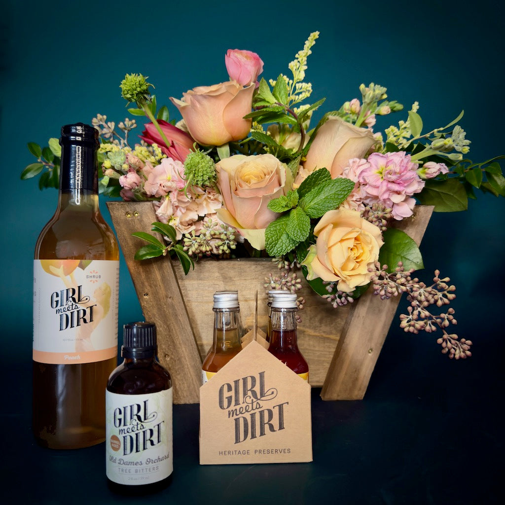 Available from Campanula Design Studio, Mocktail is a seasonally inspired floral designed in our petit panier gift basket is paired with some Girl Meets Dirt products perfect for mixing the perfect mocktail or cocktail if you prefer.