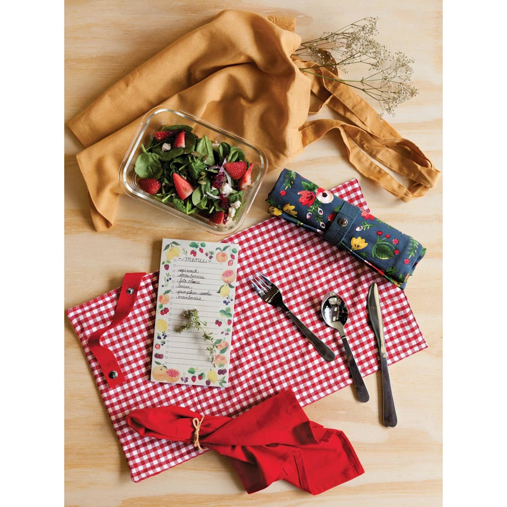 Rolling up silverware set perfect for picnics with floral garden design on the napkin. Available from Campanula Design Studio in Seattle.