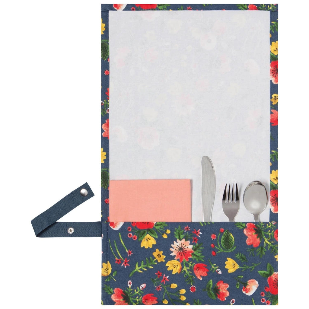 Rolling up silverware set perfect for picnics with floral garden design on the napkin. Available from Campanula Design Studio in Seattle.