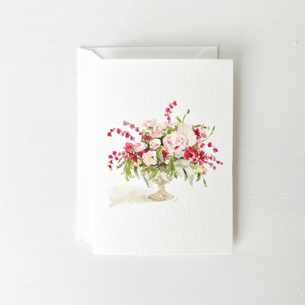 Small notecard featuring a beautiful vase arrangement of pink flowers. Available from Seattle florist, Campanula Design Studio in Magnolia.