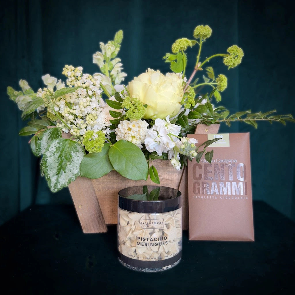 With pistachio meringues and a pistachio milk chocolate bar, this flower gift basket is a perfect gift for your pistachio loving friend. Available from Campanula Design Studio in Seattle, WA.  