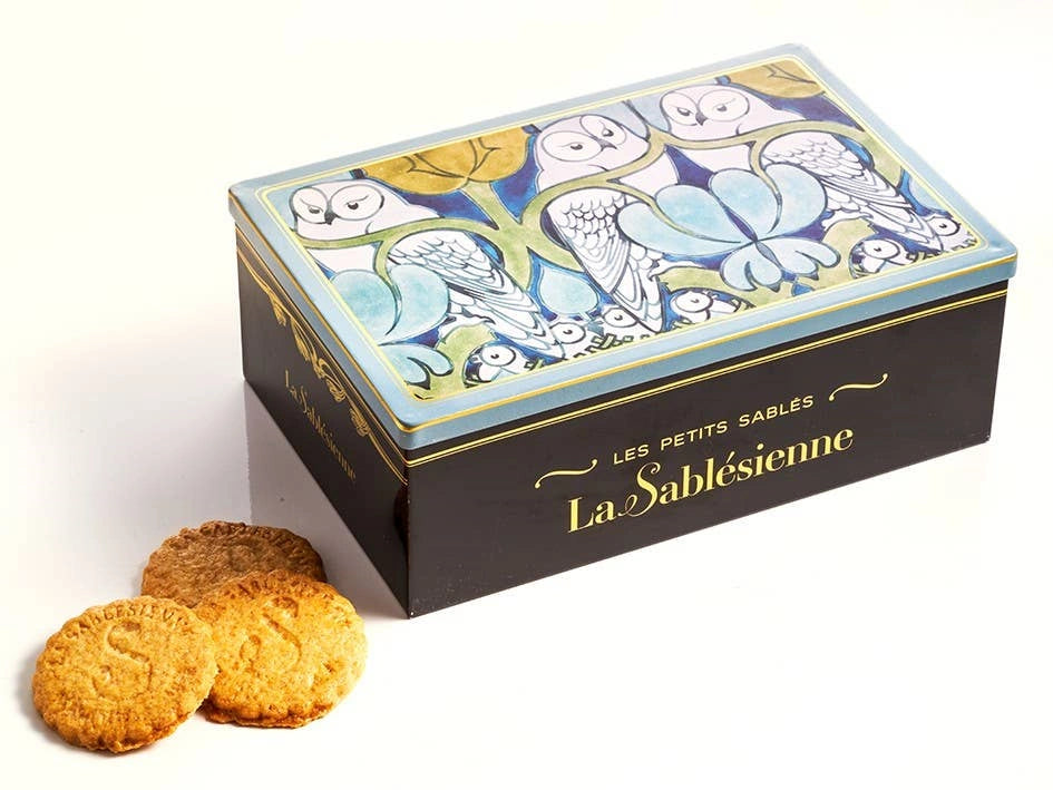 La Sablesienne Raspberry Shortbread Box of Cookies in a beautiful tin decorated with owls.