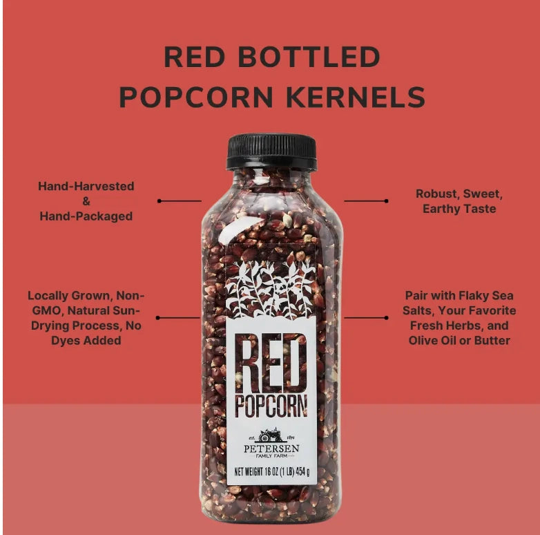 Get ready to pop with our Red Bottled Popcorn Kernels! These hand-harvested, non-GMO kernels beautifully red, bringing a fresh twist to your popcorn bowl without any added dyes. Available from Seattle florist, Campanula Design Studio for individual sale or add to one of our gift baskets, flower arrangements, or houseplants for delivery in the greater Seattle area. For movie night or any night!