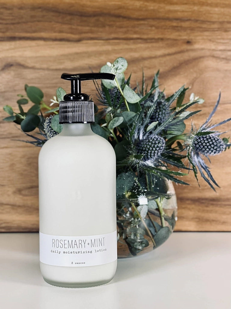 Rosemary and Mint moisturizing lotion for individual sale or as a part of a gift basket from Campanula Design Studio in Seattle.