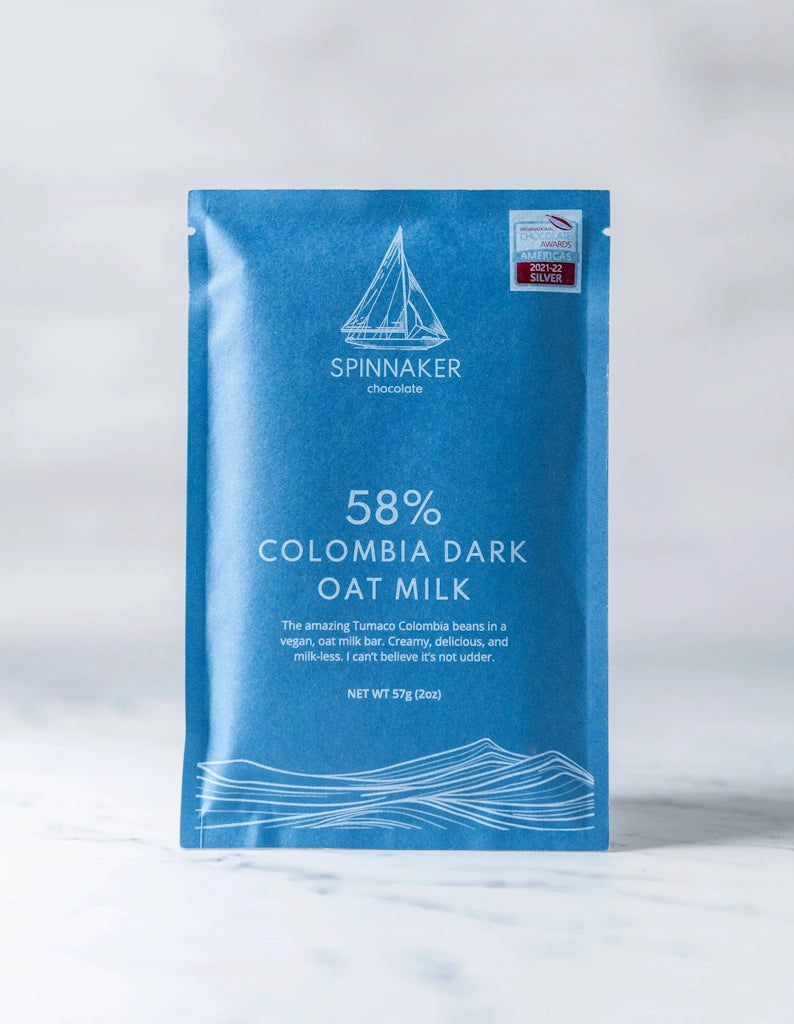 58% Columbia Dark Oat Milk Chocolate bar available at Campanula Design Studio in Seattle.