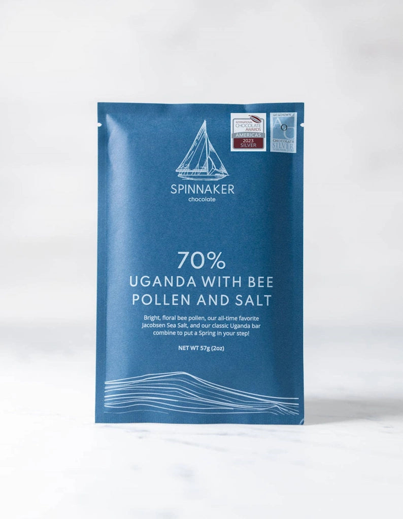 Campanula Design Present's Spinnaker Chocolate's Uganda 70% chocolate bar with Bee Pollen and Salt. Bright, floral bee pollen, Jacobsen Sea Salt, and Spinnaker's classic Uganda bar combine to put a Spring in your step! Available from our gift shop in Magnolia, or ship nationwide. Consider a Seattle gift delivery by adding this to one of our gift baskets, flower arrangements, or houseplants.