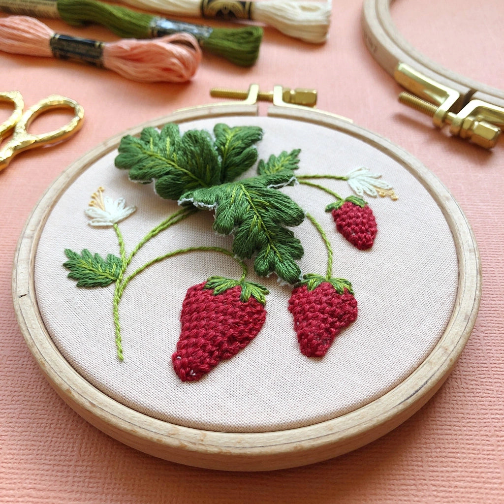 This Stumpwork Strawberry Embroidery DIY kit offers intermediate skill level practice for your craft-loving friend. Shop for this and other gifts online here at Campanula Design Studio.