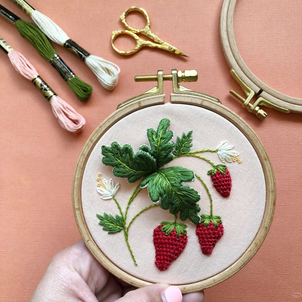 This Stumpwork Strawberry Embroidery DIY kit offers intermediate skill level practice for your craft-loving friend. Shop for this and other gifts online here at Campanula Design Studio.