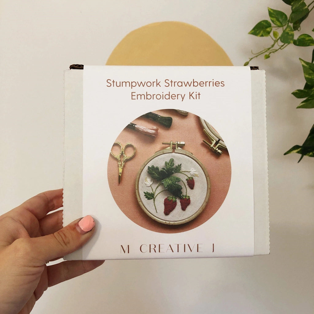 This Stumpwork Strawberry Embroidery DIY kit offers intermediate skill level practice for your craft-loving friend. Shop for this and other gifts online here at Campanula Design Studio.